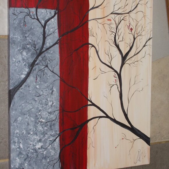 New, Dual Trees acrylic painting hand painted, signed on 16"x20" canvas - Picture 2 of 4